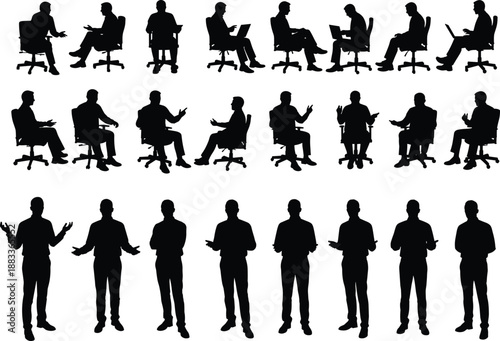 Businessman silhouette vector set, working and speaking, office chair poses, presenting standing gestures for corporate, meeting and workplace themes