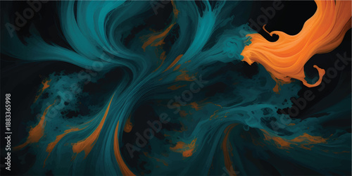 Smoke explosion collision of vibrant orange and teal color dust on a dark background