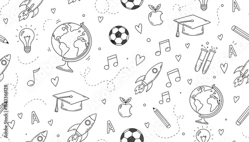 Education Doodle Seamless Pattern with School Icons Globe Rocket Music Notes and Learning Symbols Flat Vector Illustration