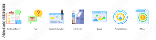 Smart Customer Solutions web banner icon vector illustration featuring Customer Survey, Faq, Electronic Signature, Self Service, Queue, Personalization, and Billing.