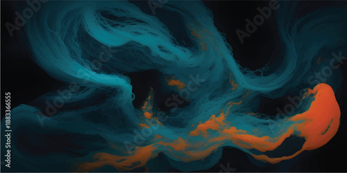 An abstract fractal background features a colorful flow of blue smoke and light waves, creating a dark motion pattern with smooth fire and flame shapes in a textured art design