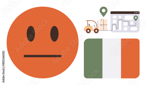 Emotion expression, international shipping, logistics, country , travel planning, global commerce. Neutral face icon with Irish flag, logistics map location and delivery graphic. Emotion expression