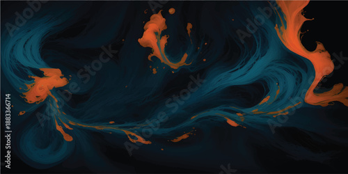 Colorful ink clouds swirling in water with vibrant teal and orange tones on black background