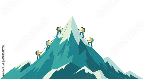 Teamwork achievement concept, climbers scaling abstract mountain peaks, cooperation and success illustration, business teamwork