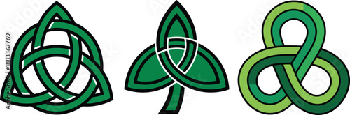 Set of Green Celtic Trinity Knot and Stylized Shamrock Vector Icons. Triquetra Symbol Collection for St. Patrick's Day