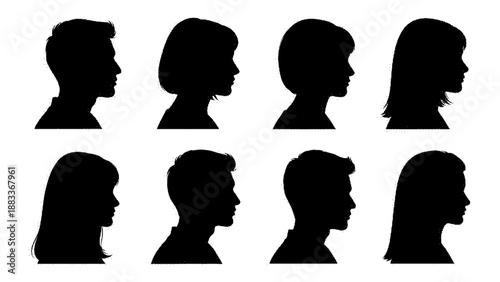 Eight black silhouette profiles of people looking to the right