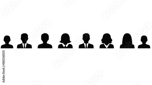 A row of eight black silhouettes of people