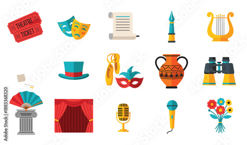 Theater and performing arts icon set featuring masks, tickets, stage curtains, microphone, music, and cultural performance elements in flat vector style