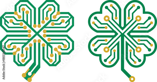 Electronic Printed Circuit Board (PCB) Clover Icons. Green Circuit Tracks and Gold Pads Shamrock Vector Illustration