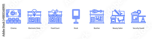 Food and Facilities web banner vector illustration featuring Cinema, Electronic Store, Food Court, Kiosk, Butcher, Beauty Salon, and Security Guard.