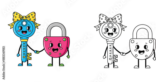 Cute kawaii key with bow and padlock characters holding hands, colored and outline vector illustration for Valentine's Day and coloring book