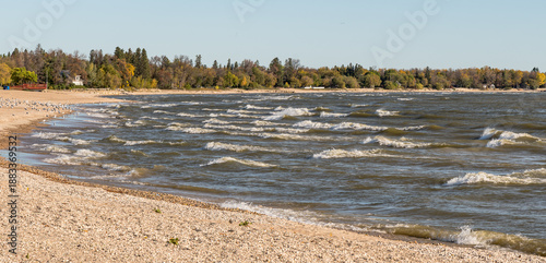 Waves on Lake Winnipeg at Gimli, Manitoba, Canada on a sunny fall day