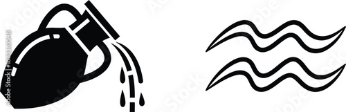 Watering can pouring water and wavy lines on white background