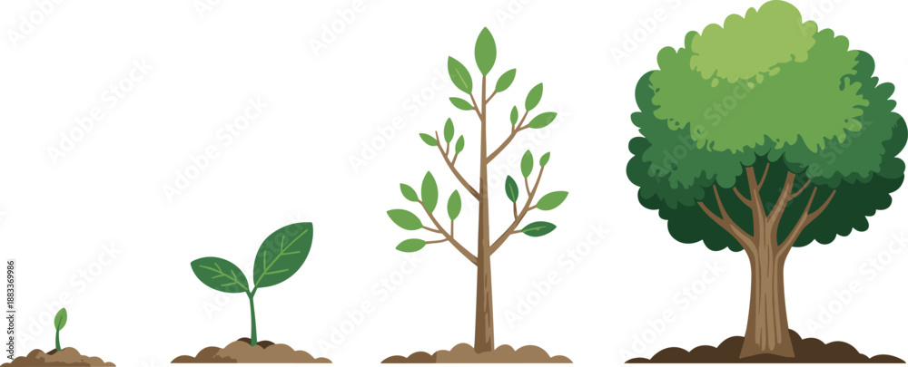 Obraz premium Cartoon tree growth stages icon set with sprout, leafy seedling, young tree, and mature canopy rooted in soil.