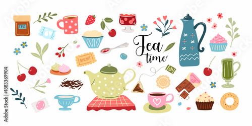 tea time, big set of elements, food, kitchen, tea party, decoration, spring, stickers, naive  style, creative vector illustration
