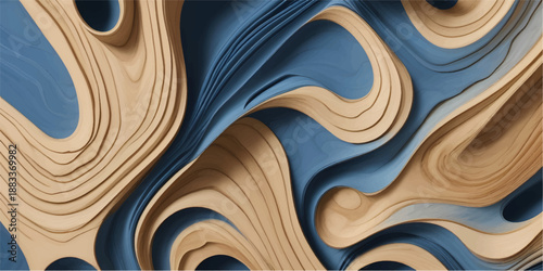 Abstract blue and white wave pattern with flowing tile textures and metallic liquid curves forming an artistic background design