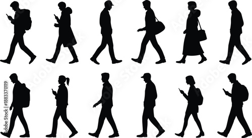 Cartoon walking silhouette icon set with urban pedestrians carrying bags, phones, and accessories in mid-stride.