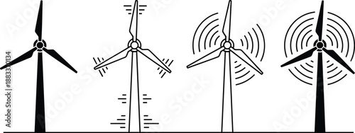 Wind Turbine Icon Set with Four Unique Black and White Modern Renewable Energy and Green Power Generation Vector Illustrations