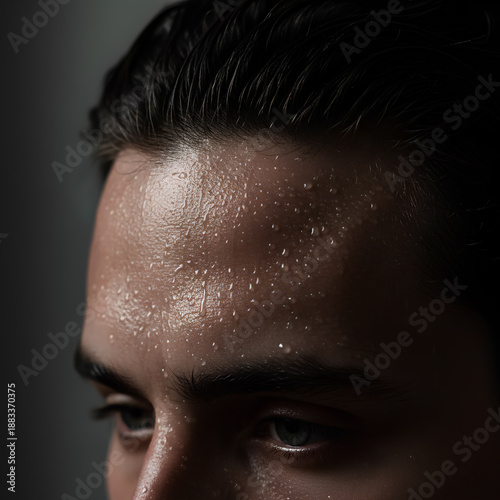 Wallpaper Mural Extreme Close-up of a Man Perspiring Under Pressure and High Stress, Showing Beads of Sweat on Skin with Dramatic Low Key Lighting, Symbolizing Anxiety, Hard Work, or Fever Torontodigital.ca