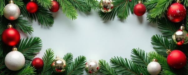 Festive red, green & white ornaments and pine branches form a Christmas border , winter, red, celebration
