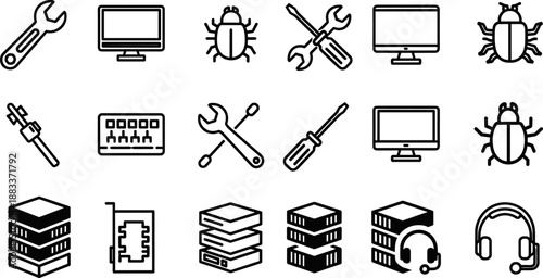Computer hardware icon set, black and white tech symbols, IT support graphics, software bug, server stack, network tools, stock vector