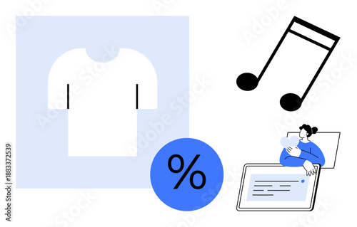 E-commerce concept. E-commerce icons for shopping, sales, and digital products. E-commerce combining apparel, discounts, and online music downloads. For online retail, promotions business tech
