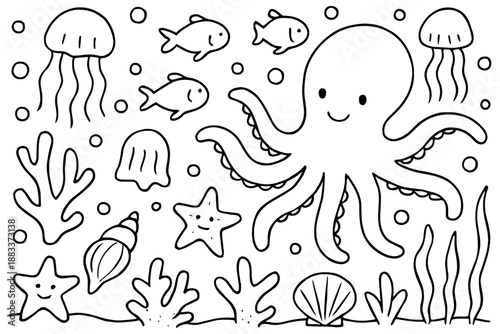 seamless pattern with octopus,
Cute Ocean Life Doodles Hand Drawn Line Art