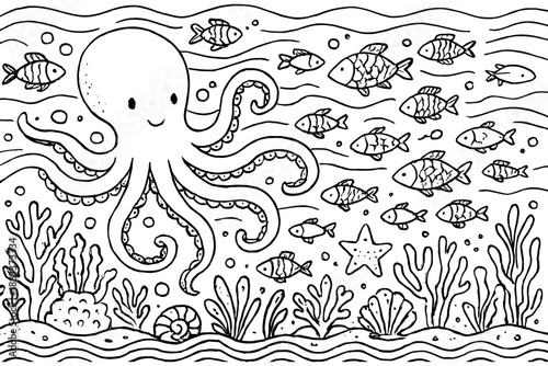 set of decorative Sea Creatures,
Hand Drawn Sea Creatures Doodles Minimal Style