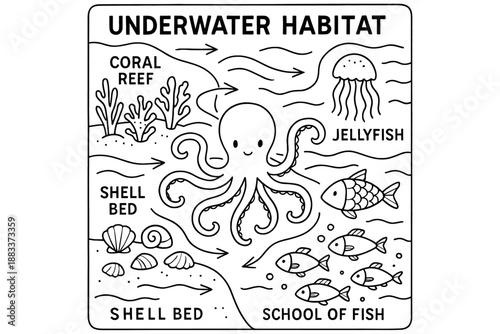 set of hand drawn Sea Life,
Hand Drawn Sea Life Line Art on Beige Background