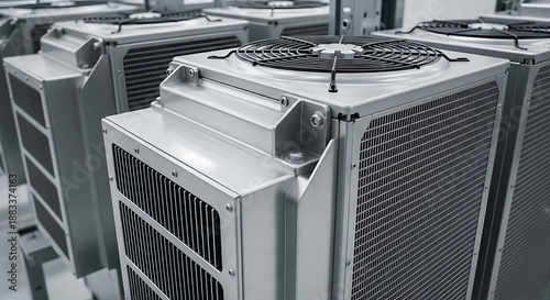 a close up view of many identical air conditioning units in a row
