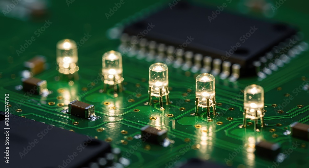 Obraz premium Detailed macro shot of surface-mounted light-emitting diodes on a green electronic circuit board illustrating modern digital technology ,LED ,science ,current