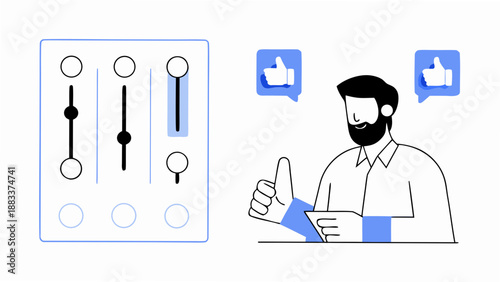 a man pointing upwards with sliders icons and thumbs up feedback displayed