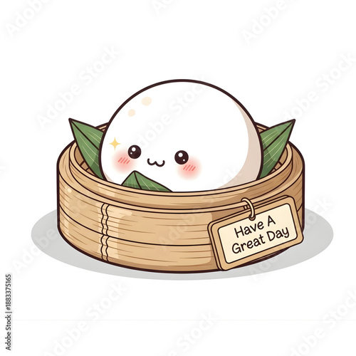 Kawaii steamed bun in bamboo steamer basket with a happy face and a tag that says Have A Great Day, adorable cute food illustration