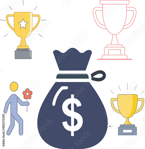 Financial Success Icon Set with Money Bag, Golden Trophies, and Achievement Symbols for Business Growth, Wealth Management, and Rewarding Accomplishments Illustration