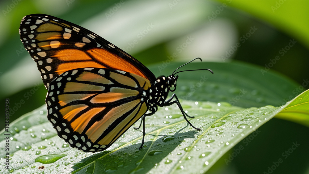 Fototapeta premium Monarch butterfly perched on leaf with water droplets in sunlight 