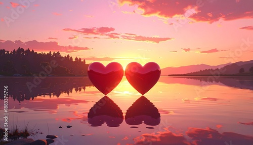DESIGN of two red heart halves magnetically joining above calm water at sunset,