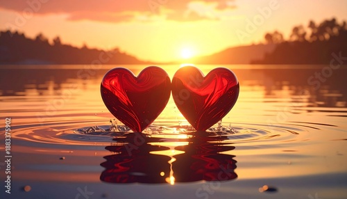 DESIGN of two red heart halves magnetically joining above calm water at sunset,