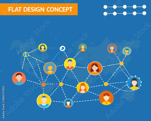 flat design concept illustration depicting a network of connected people and icons
