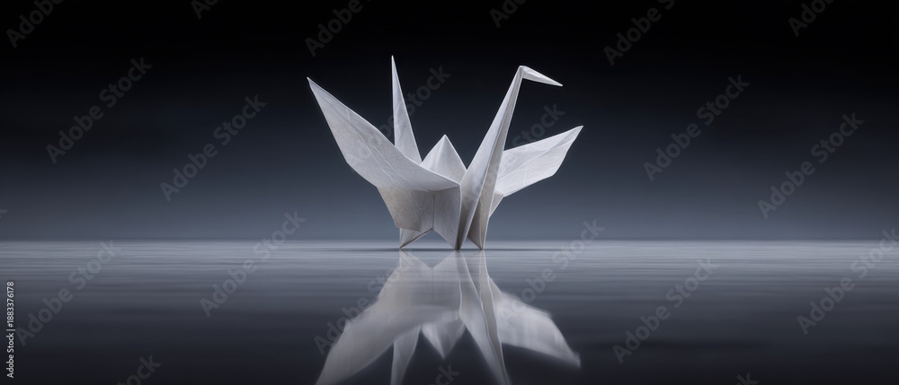 Fototapeta premium Exquisitely Crafted Minimalist Origami Crane on Reflective Surface