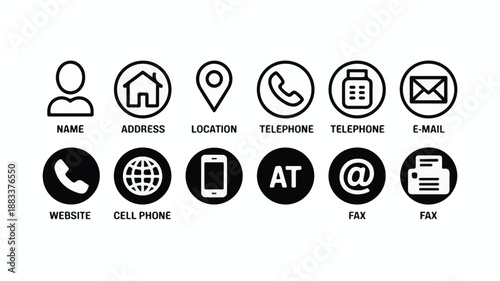Set of Black and White Contact Information Icons for Business Cards vector illustration