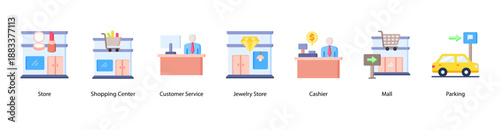 Mall Services web banner vector illustration featuring Store, Shopping Center, Customer Service, Jewelry Store, Cashier, Mall, and Parking.