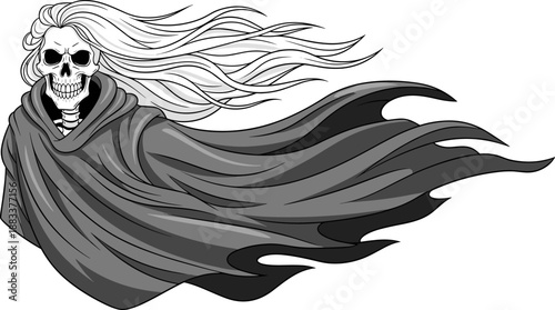 Skeleton figure illustration, flowing hair cloak, eerie motion, supernatural presence, black white drawing, ghostly character, dramatic pose, horror concept, stock vector