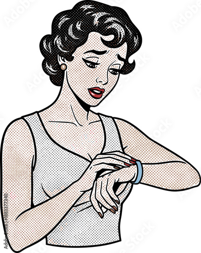Pop art wristwatch check, concerned expression, retro comic style, halftone illustration, curly hair person, sleeveless top, vintage emotion, stock vector
