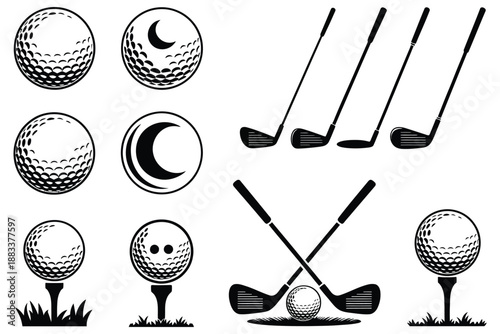 Vintage golf club ball set, retro wooden clubs and textured balls, classic sports equipment illustration, nostalgic golf vector design, heritage golf artwork, traditional golfing graphics