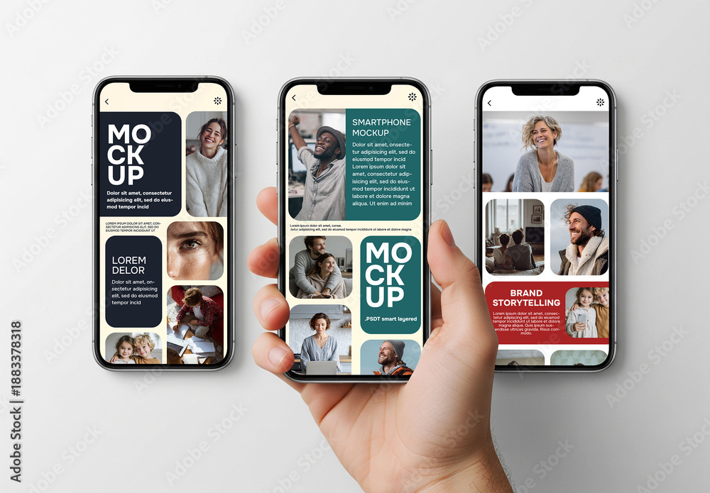 Three smartphone screens, social media mobile phone mockup isolated on ...