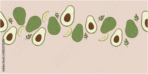 Seamless Avocado Border with Leaves on biege background
