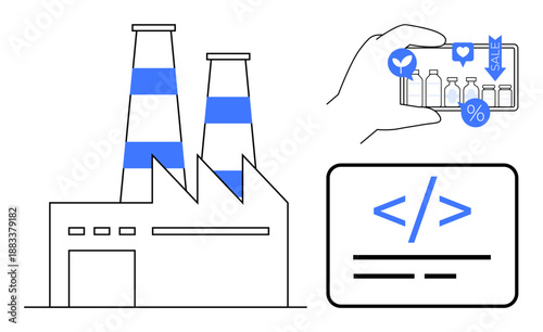 Digital marketing, e-commerce, data analytics, industrial processes, app development, coding. Factory with chimneys, mobile analytics icons and coding symbols. Digital marketing and e-commerce theme