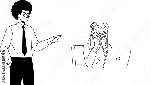 Workplace stress illustration, office conflict scene, employee overwhelmed, manager pointing, black and white line art, emotional reaction, business concept, stock vector