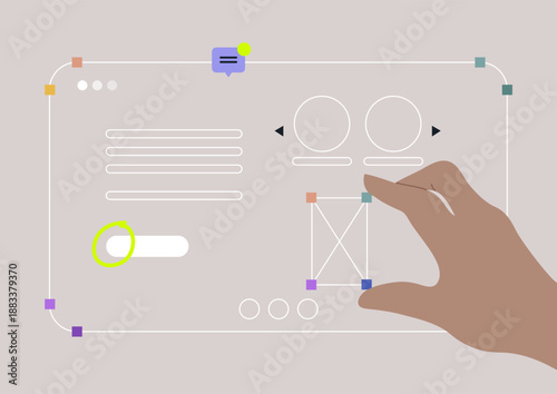 A hand is skillfully navigating and moving various shapes on a sleek digital wireframe interface, showcasing the fluidity of design and user interaction in a vibrant space.