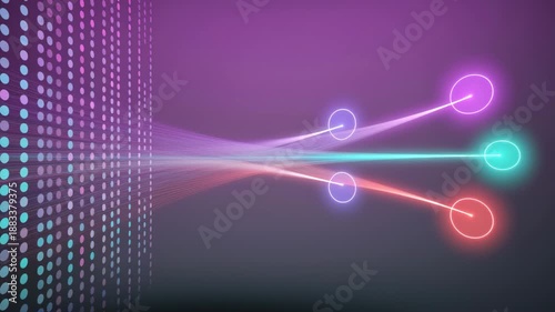 Neon Lines Radiating from Dots on Purple Background with Bokeh